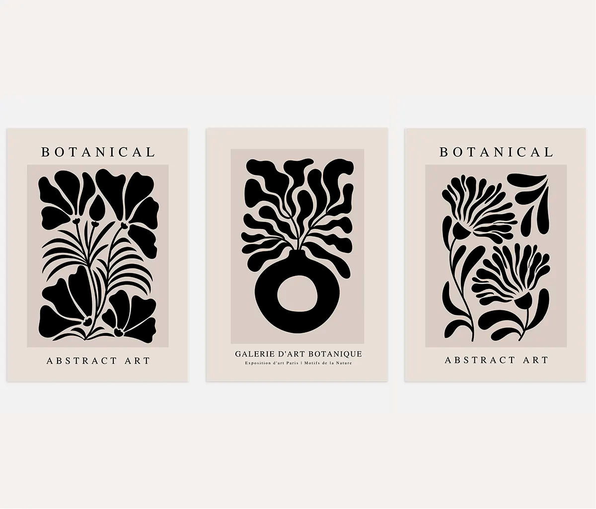 black abstract botanical shapes poster set beige background wall art