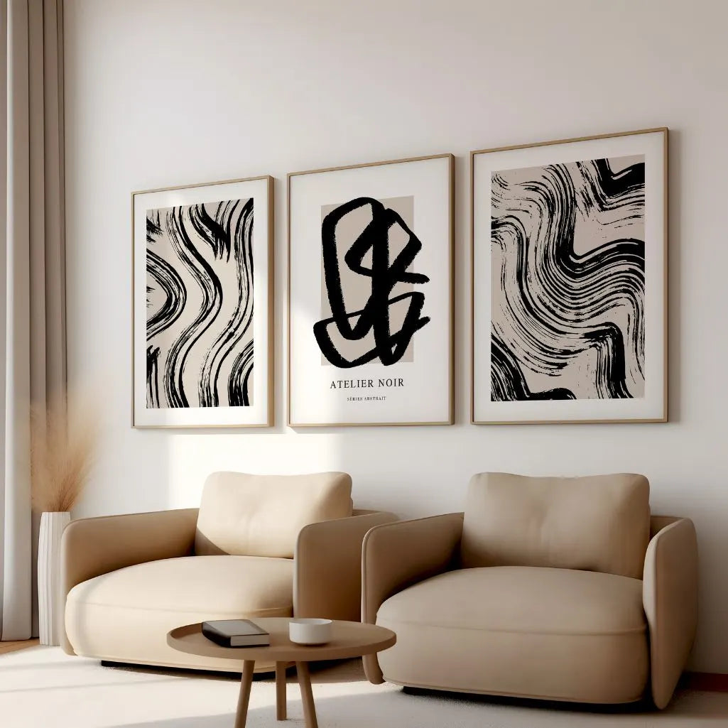 Black white abstract line art poster set with brush style modern wall decor