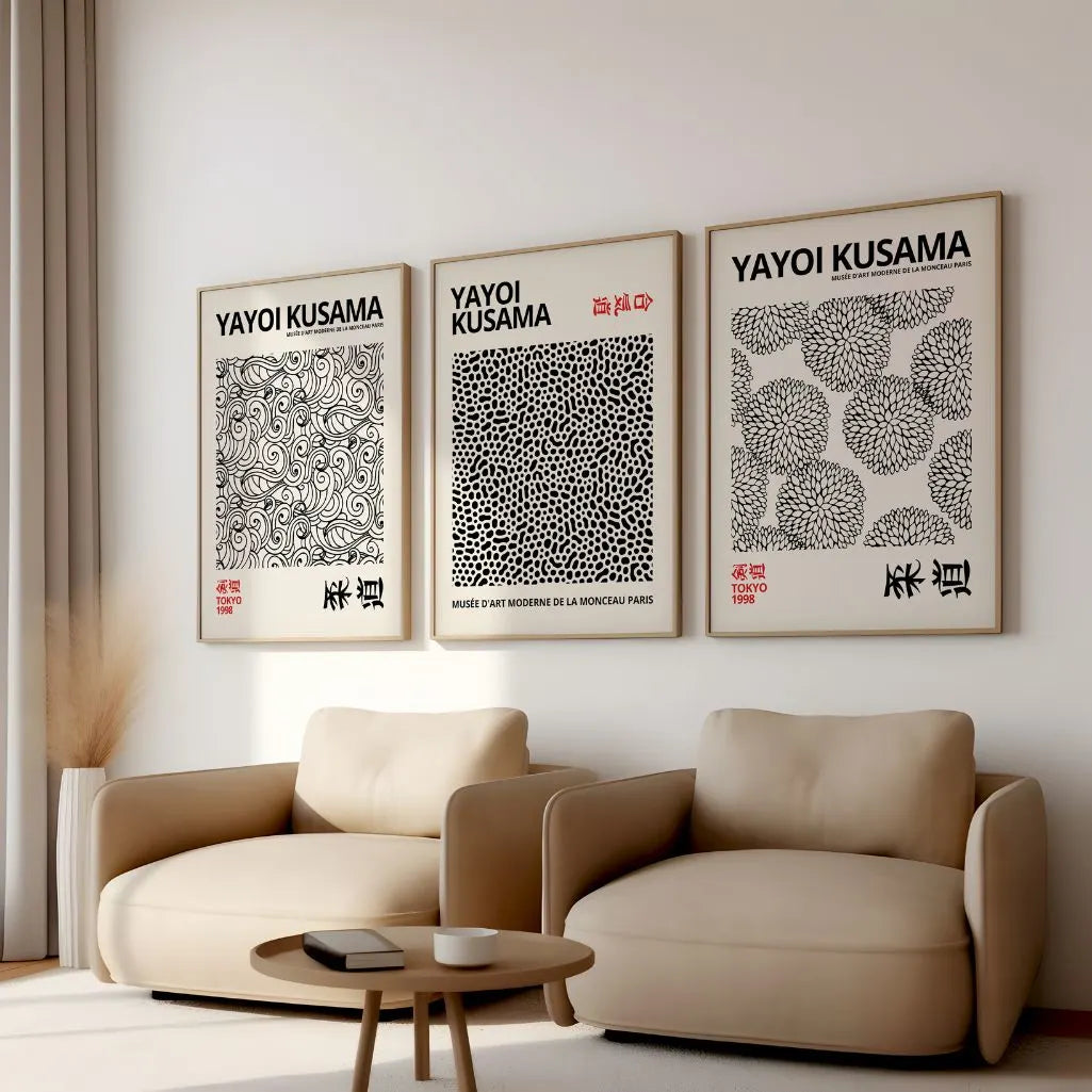 Black white pattern poster set in modern living room minimal wall decor