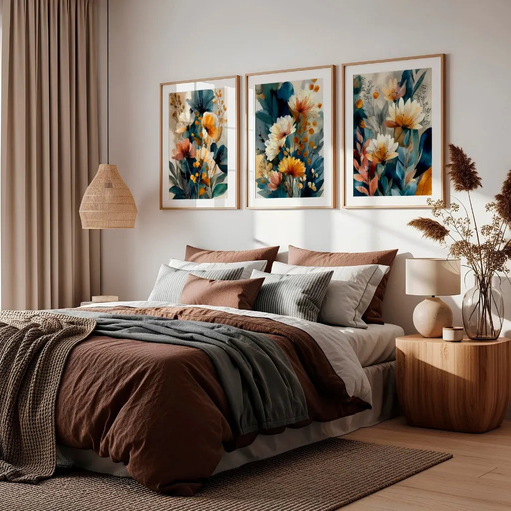 modern botanical gallery wall set with floral posters in soft blue and warm neutral tones