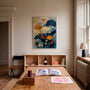 blue and gold botanical wall decor poster for cozy modern home interior styling