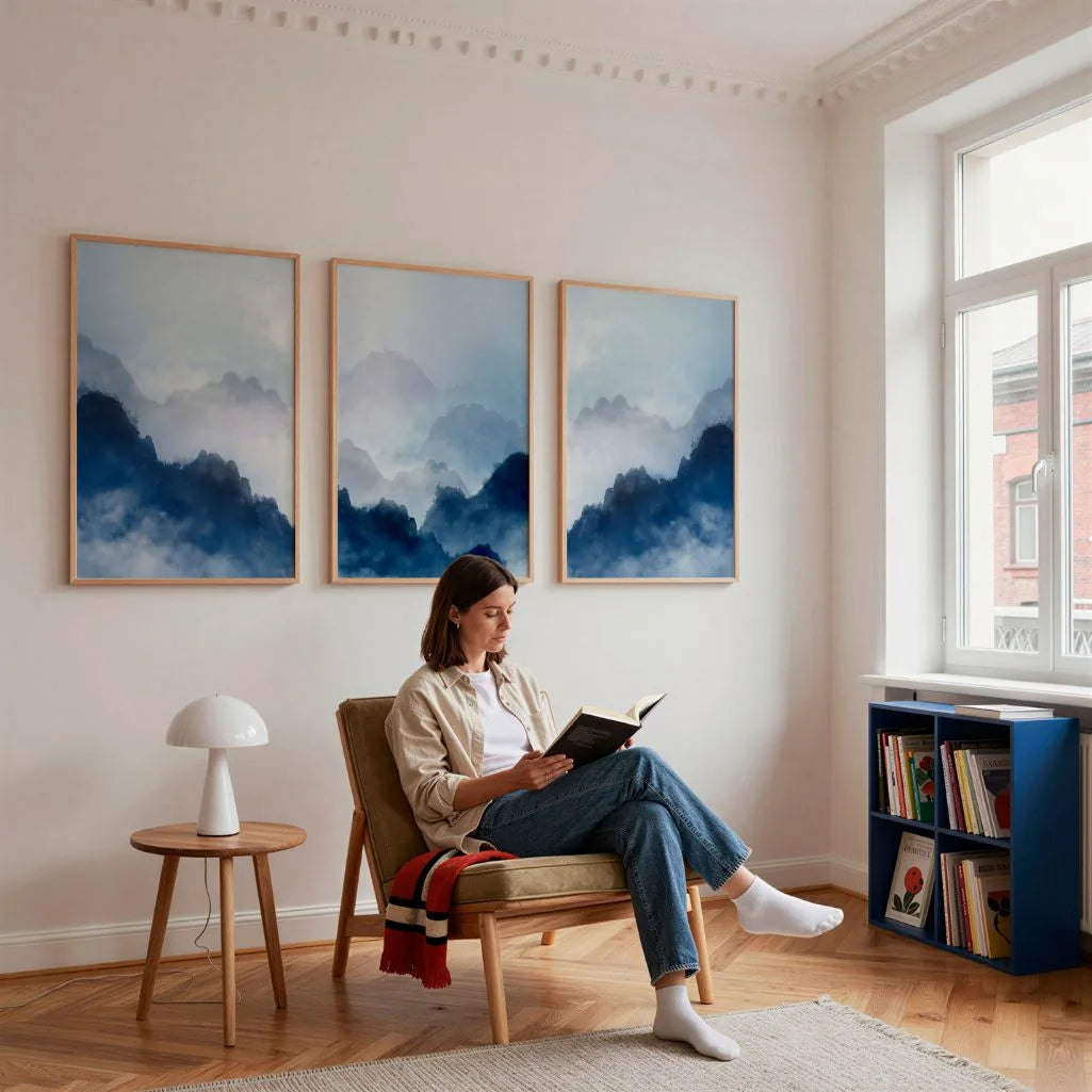 blue mountain poster set foggy landscape wall decor modern living room