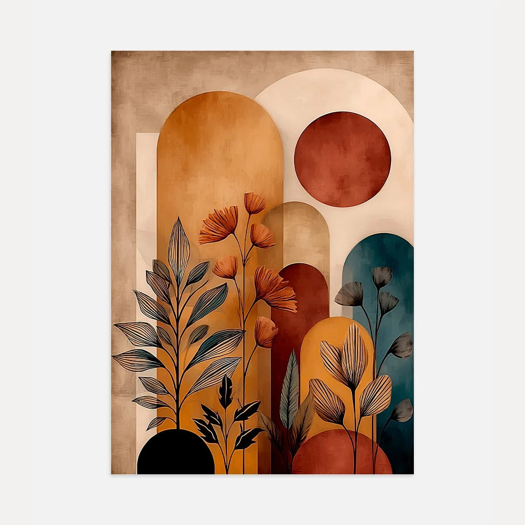 boho abstract botanical poster in terracotta beige and deep teal tones for modern living room wall decor
