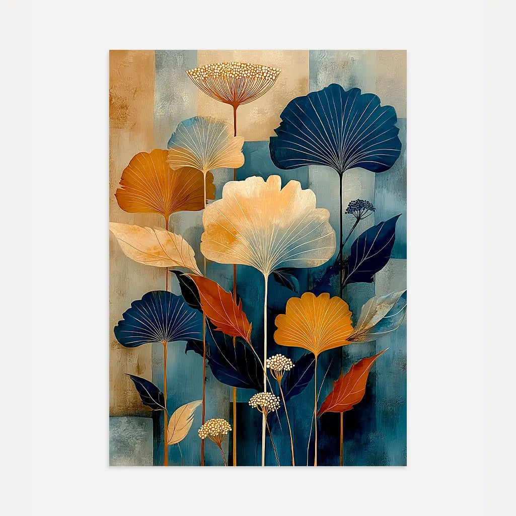 boho botanical poster in deep blue beige and gold tones for modern living room wall decor
