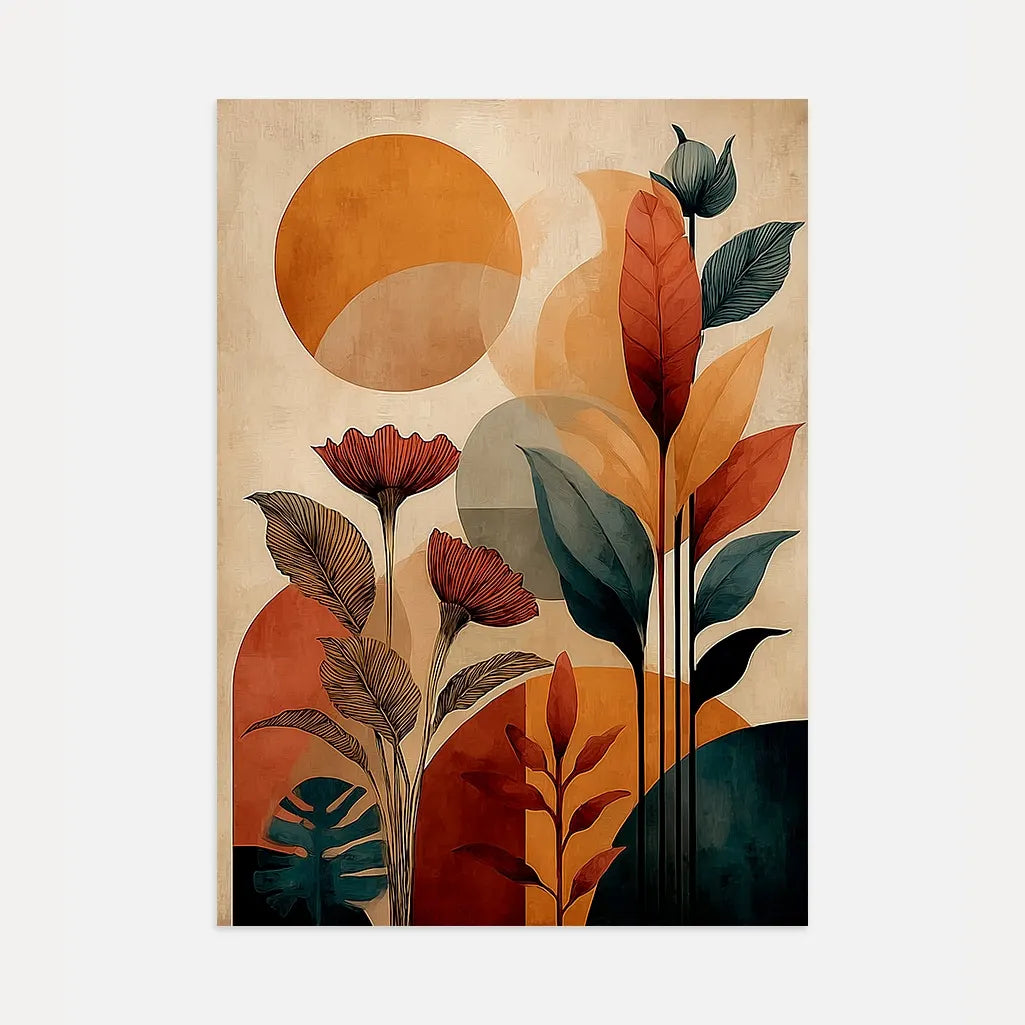 boho botanical sun poster in terracotta beige and deep green tones for modern living room wall decor