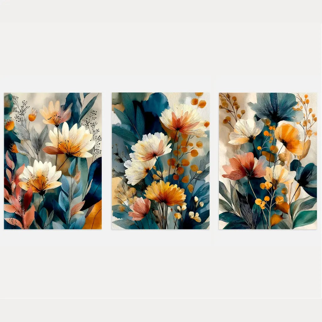 boho floral poster set of 3 with blue beige and golden botanical design for modern living room wall decor