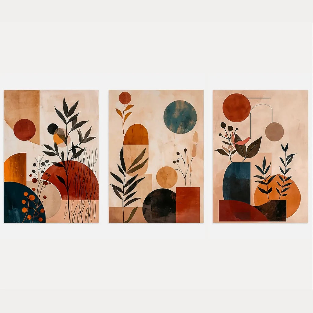 boho gallery wall set of 3 posters with abstract botanical design in terracotta, beige and green tones above sofa
