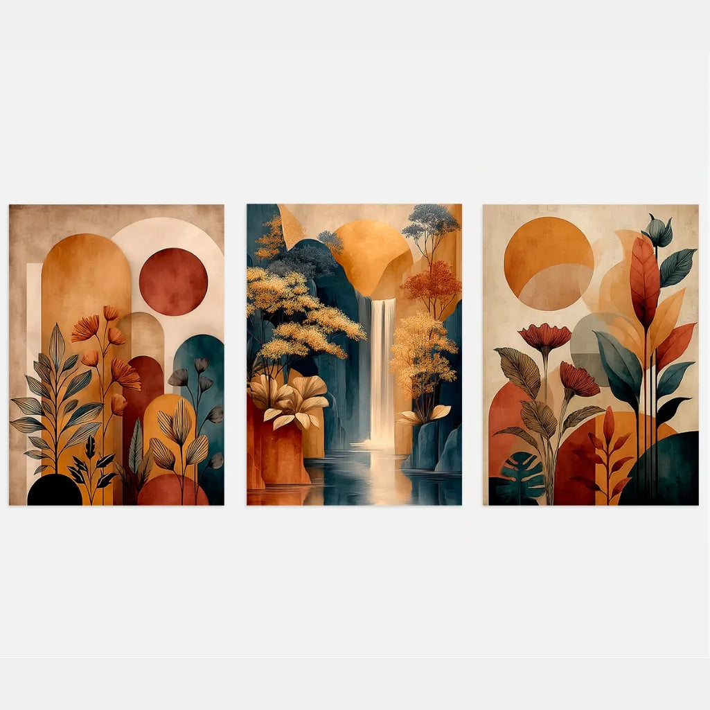 boho poster set of 3 with abstract landscape and botanical prints in terracotta and green tones
