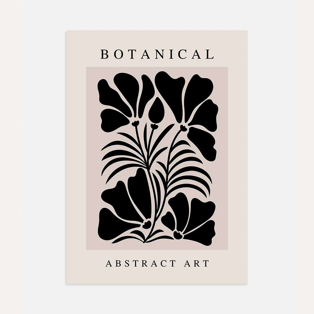 Botanical abstract flowers poster with black floral shapes on beige background minimalist design