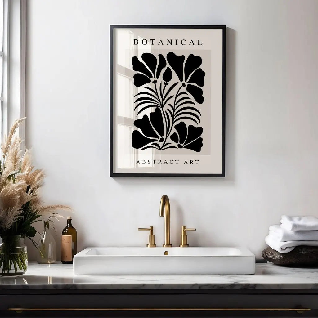 Black botanical abstract poster styled in modern living room with neutral decor