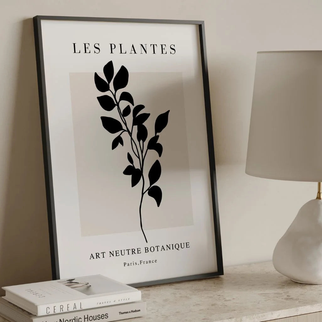botanical branch poster in living room modern neutral decor
