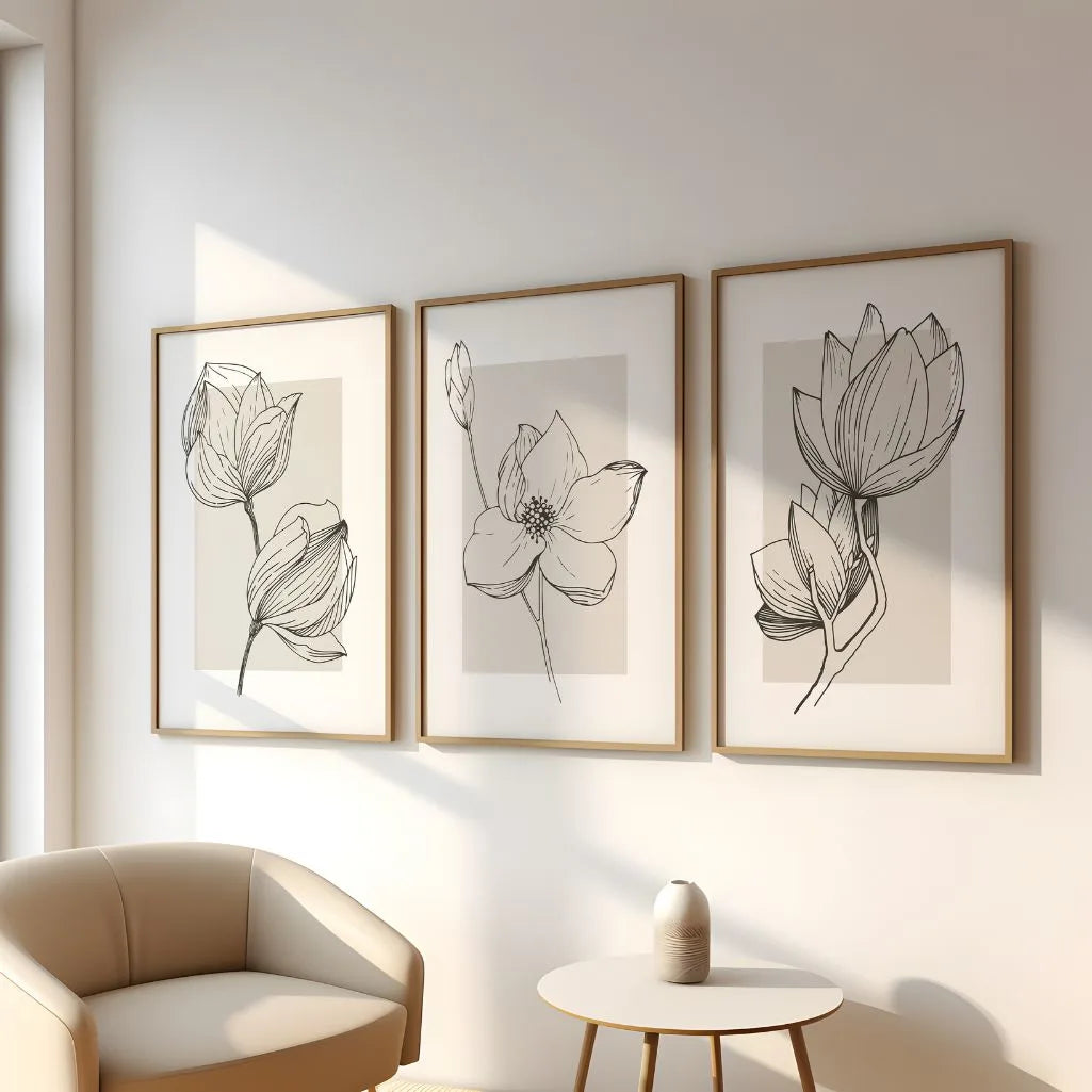 black beige botanical flower outline poster set wall art for gallery wall decor