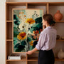 Sage green botanical floral poster with yellow and terracotta flowers for elegant gallery wall decor