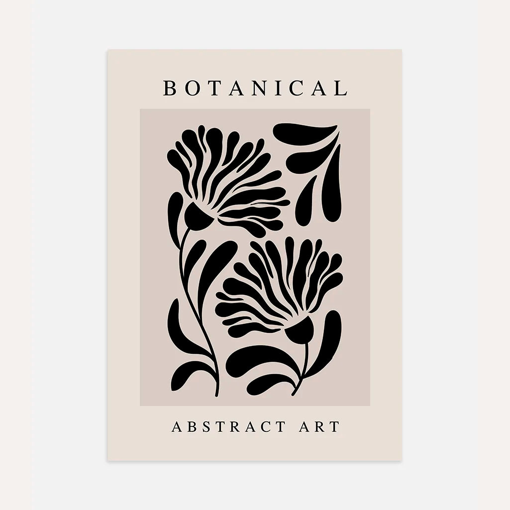 Botanical graphic flowers poster with bold black floral shapes on beige background