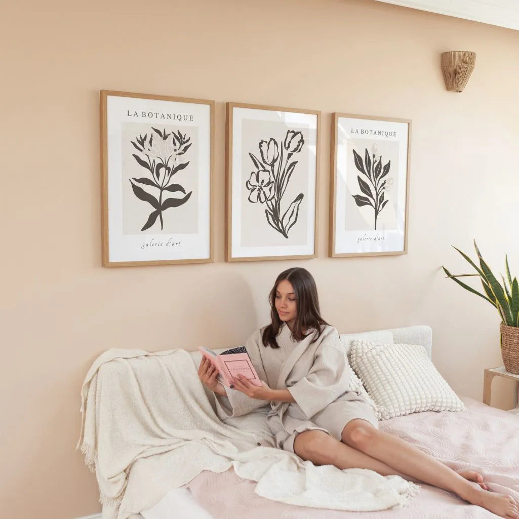 beige botanical line drawing poster set calm bedroom wall art