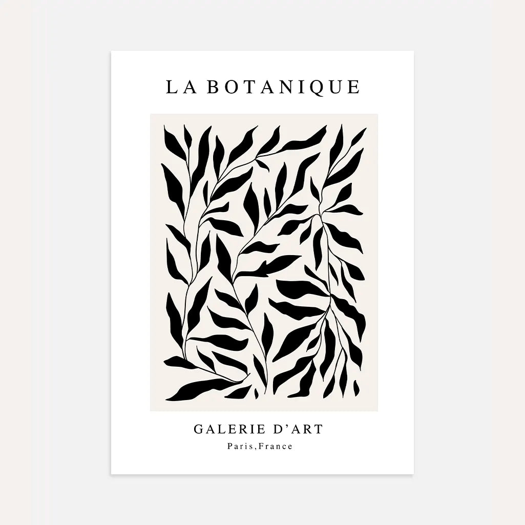 botanical pattern poster black leaves beige background modern wall art