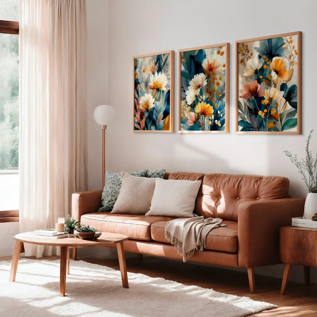 botanical poster set of 3 with abstract floral elements and warm earthy colors for gallery wall decor