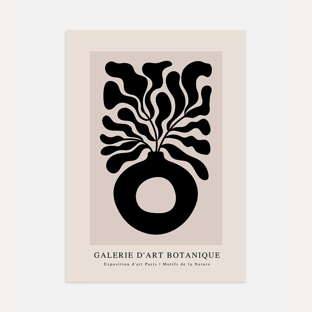 Botanical vase abstract poster with black organic shapes on beige background