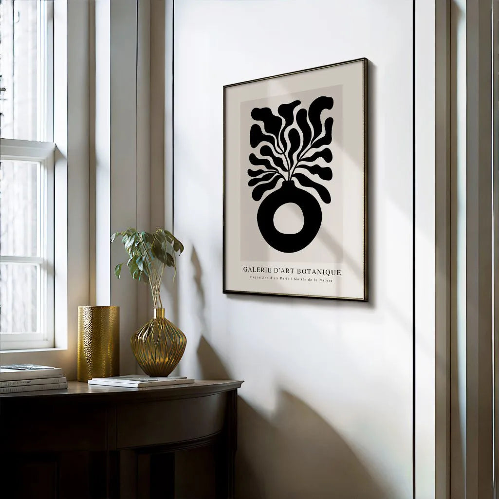 Abstract botanical vase poster styled in modern living room interior
