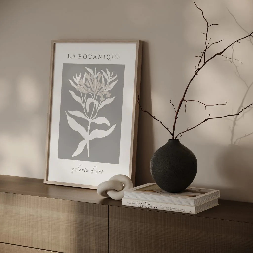 grey bloom botanical poster living room modern neutral decor