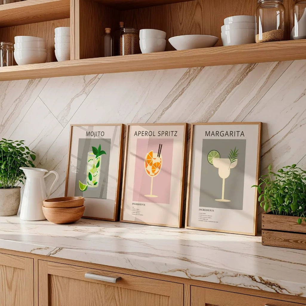 cocktail wall art set featuring margarita aperol spritz mojito in modern kitchen interior beige aesthetic