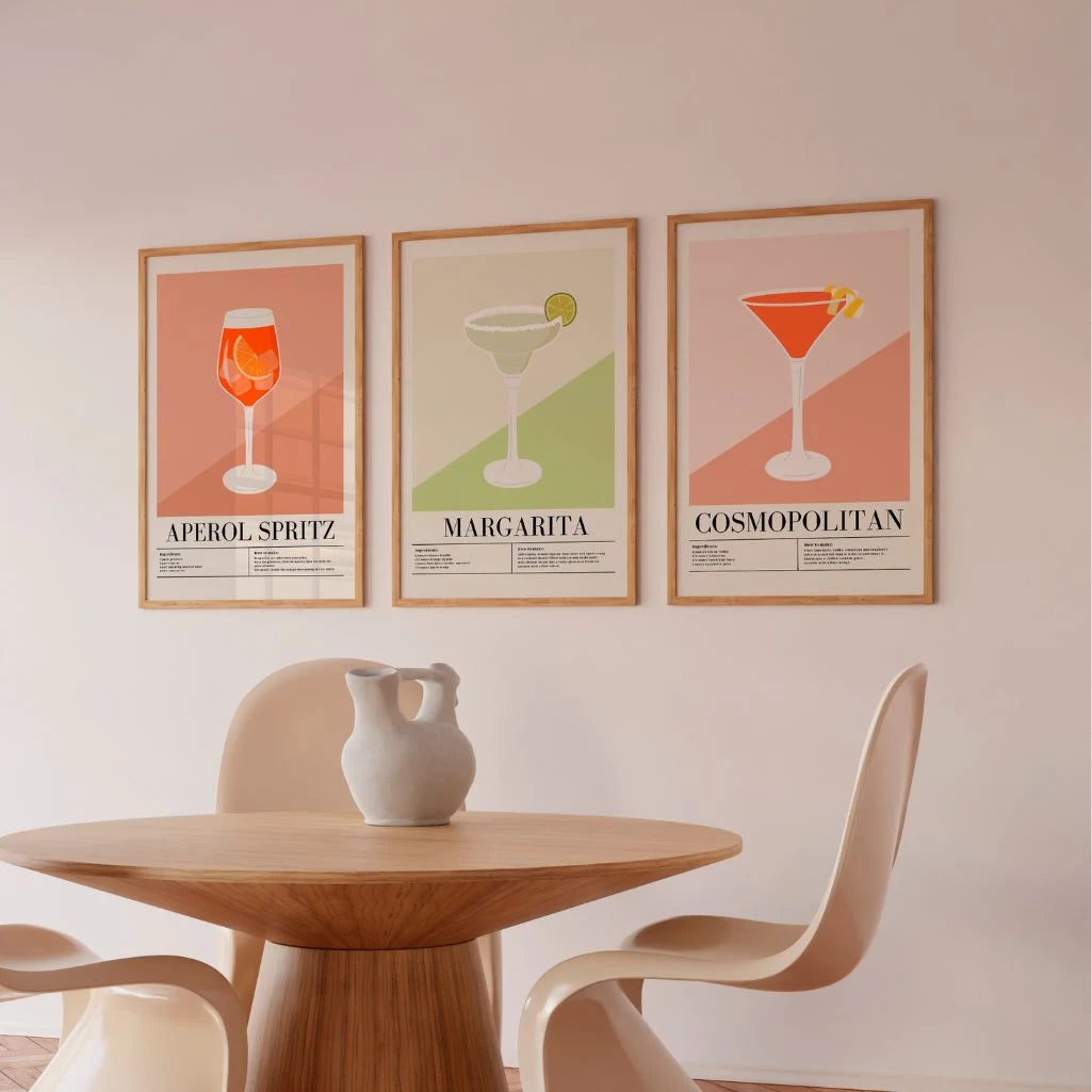 cocktail recipe poster set of 3 wall art for gallery wall orange green pink tones