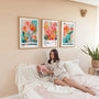 modern botanical floral poster set of 3 turquoise orange pink wall art