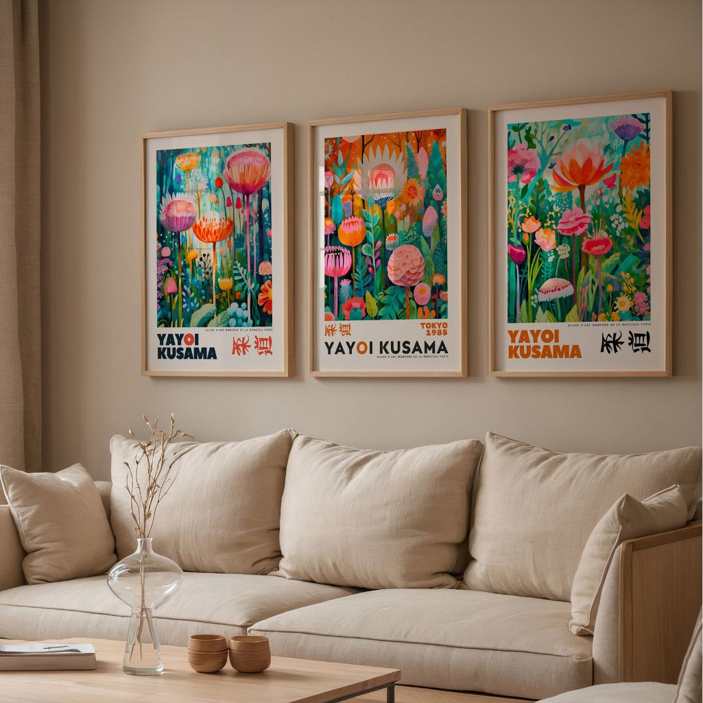 Pink orange turquoise floral poster set of 3 in living room, modern botanical wall decor above sofa
