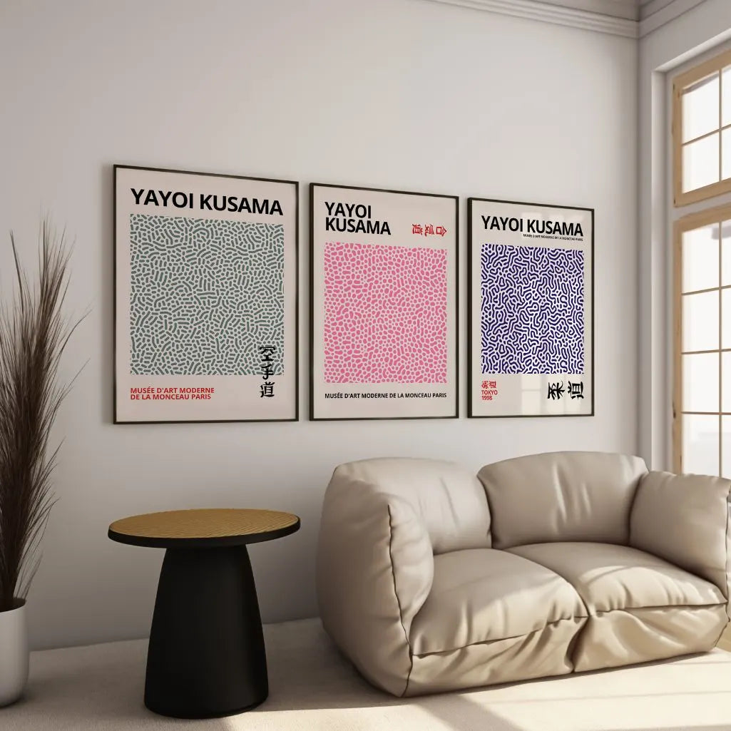 Abstract dot pattern poster set in living room, modern colorful wall decor