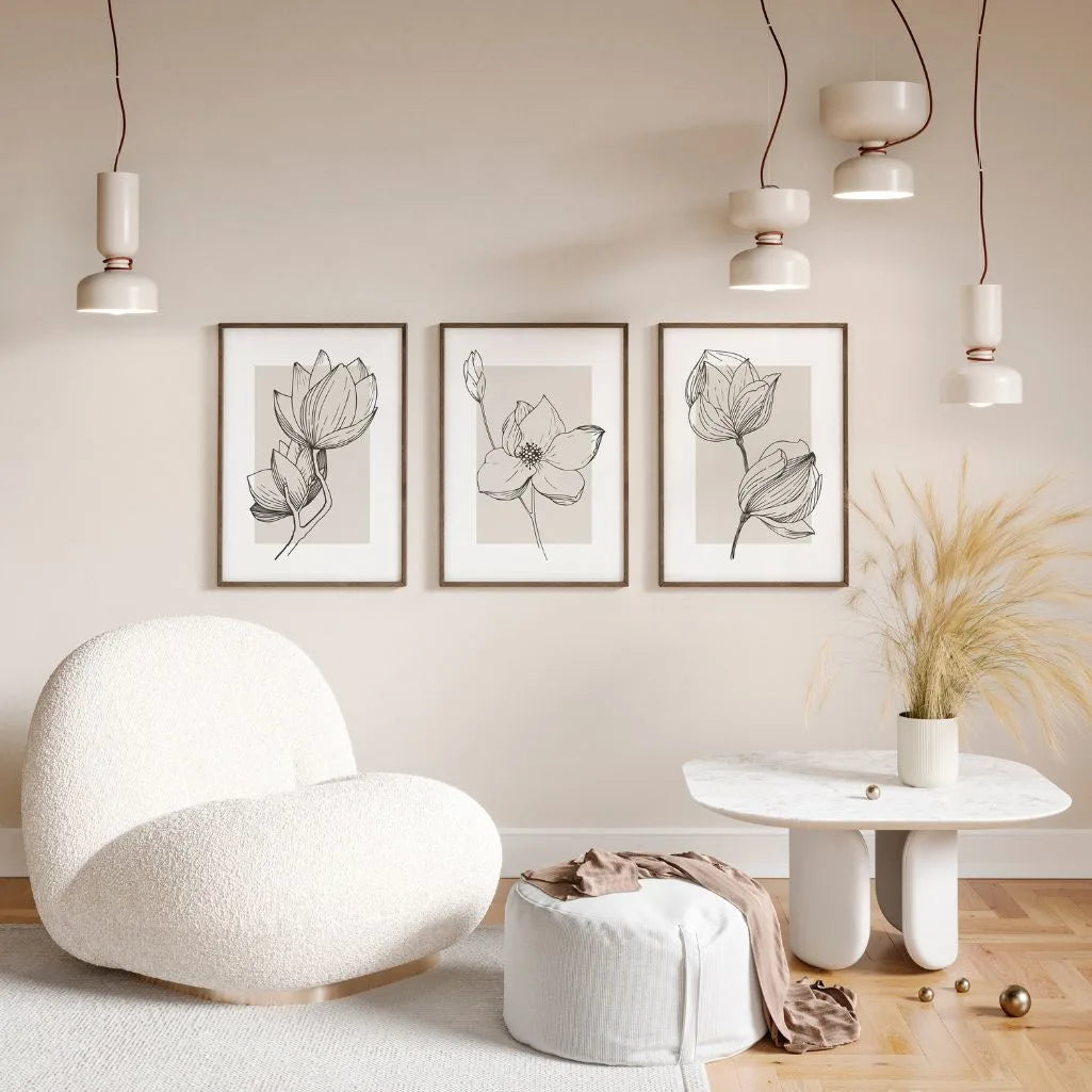 black beige elegant floral line art poster set wall art for home decor