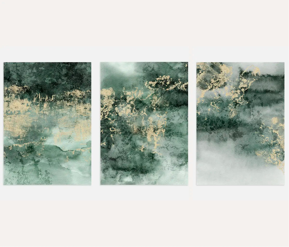 Luxury abstract poster set in emerald green with gold texture accents