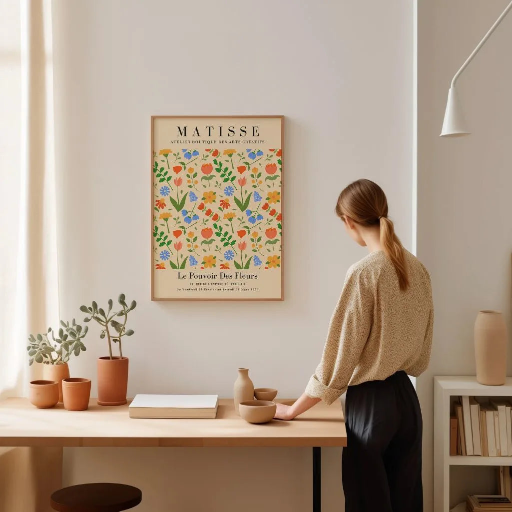 Floral garden poster styled in creative room with colorful botanical wall decor