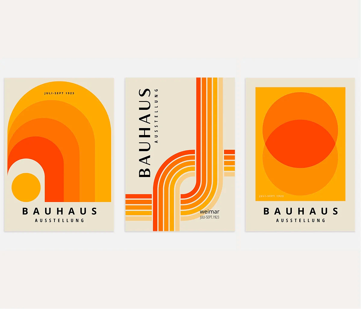 bauhaus poster set of 3 with orange and yellow geometric forms