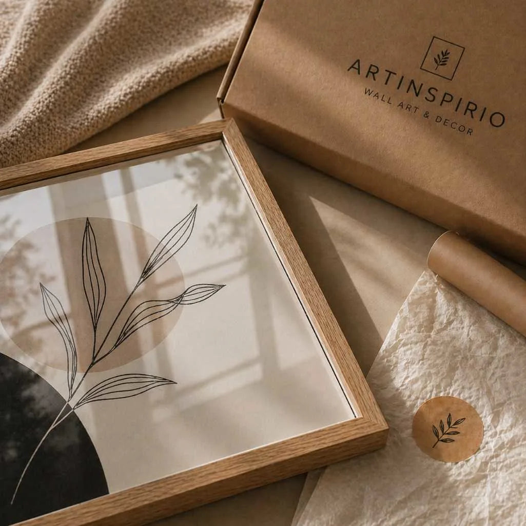 framed poster with oak frame in premium packaging Artinspirio box wall art delivery and protection