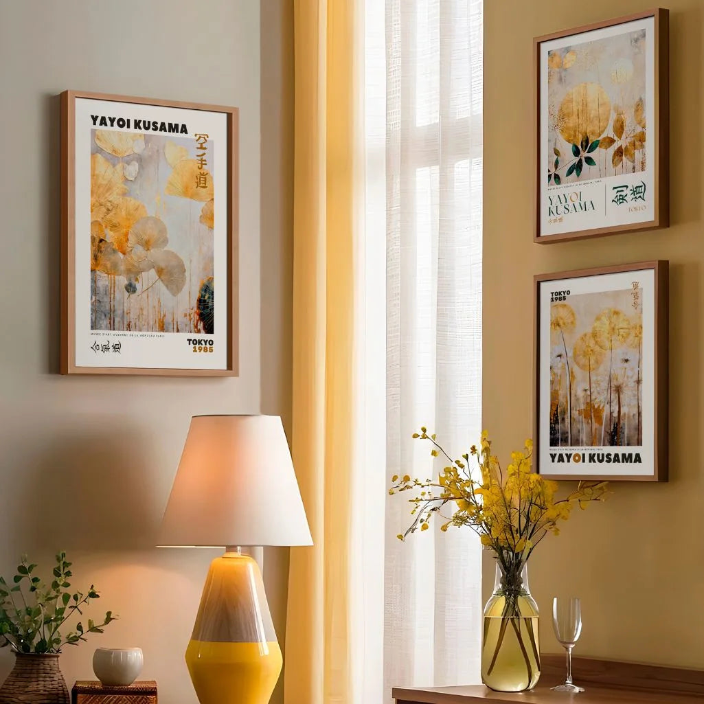 Gold botanical poster set in elegant modern living room wall decor