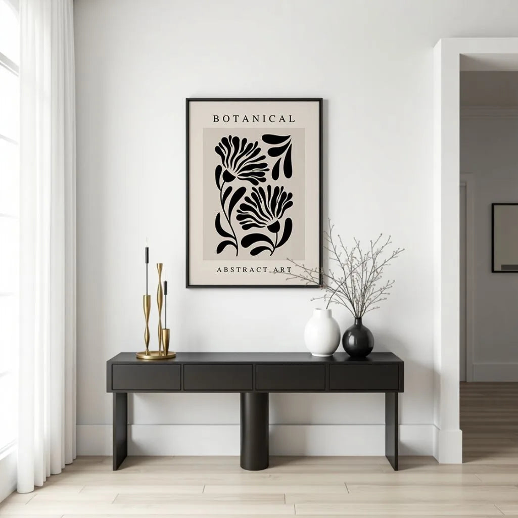 Graphic botanical poster styled in modern living room with neutral decor