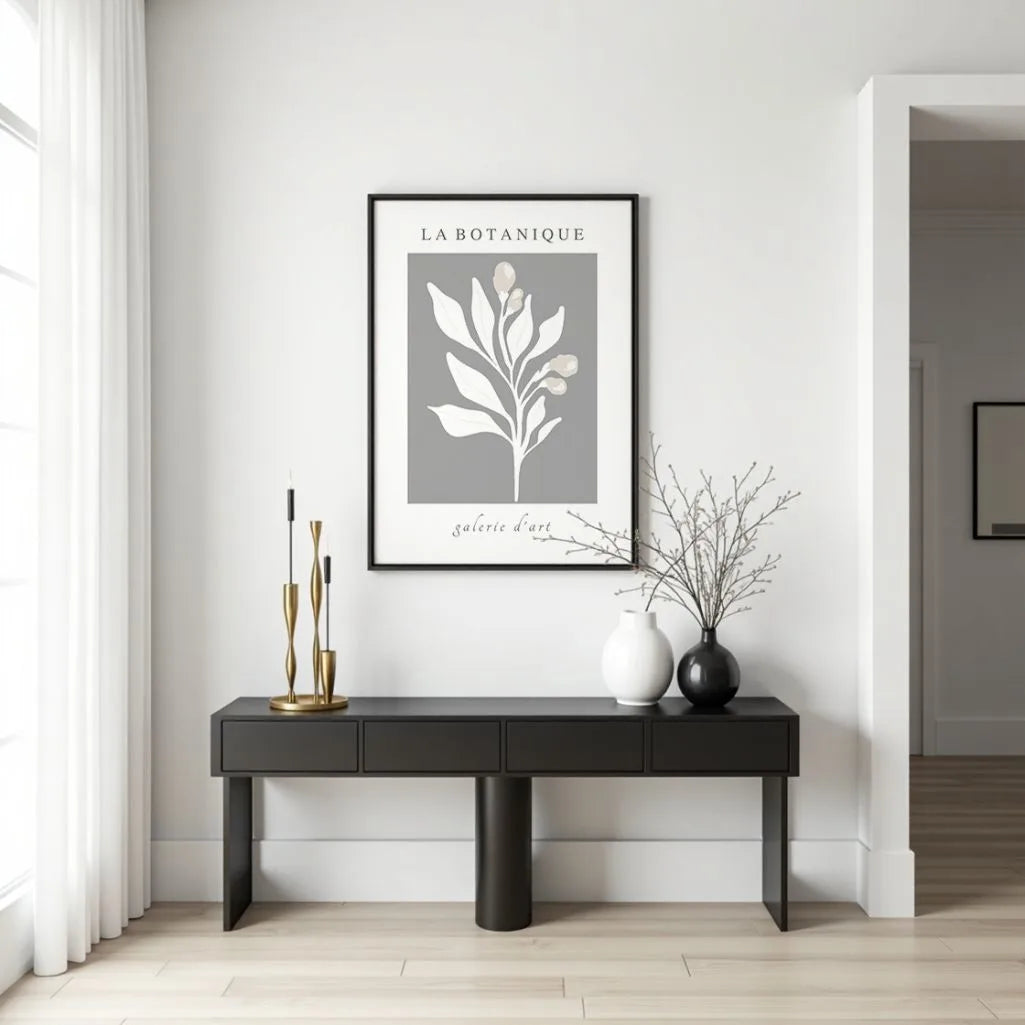 graphite botanical poster living room modern neutral decor