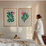 Set of 2 green abstract posters styled in modern living room with minimalist decor