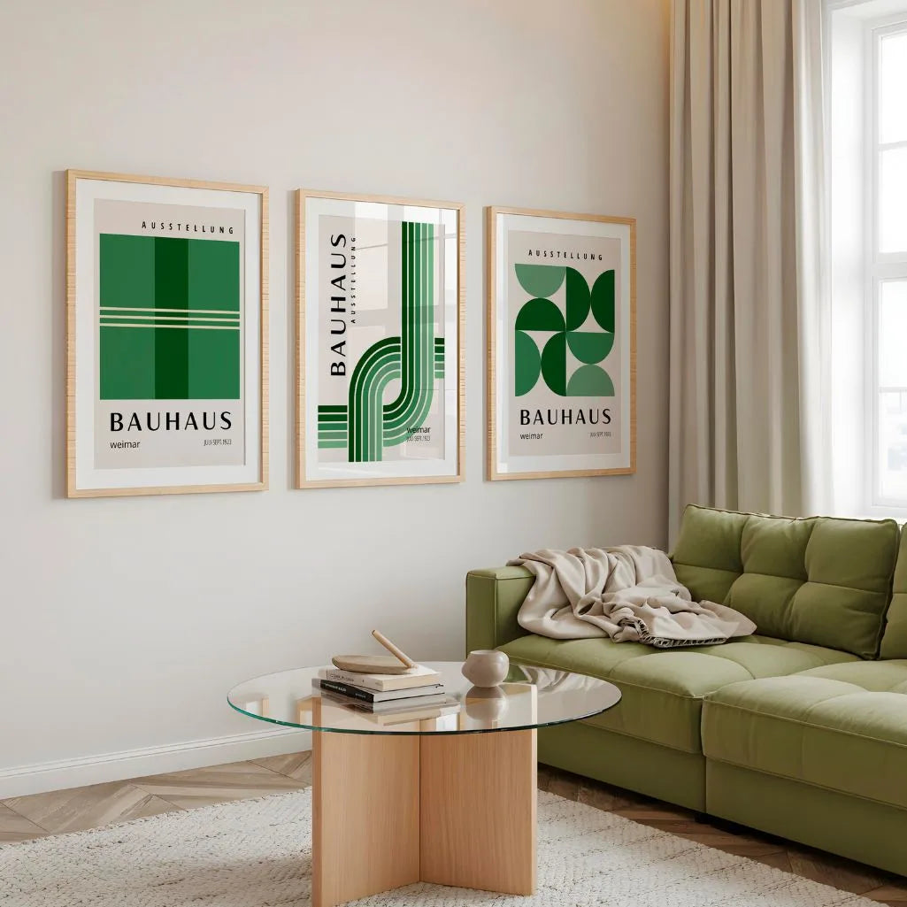 green bauhaus poster set with olive and deep green tones in minimalist bedroom
