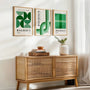 olive green and forest green bauhaus poster set arranged in modern gallery wall