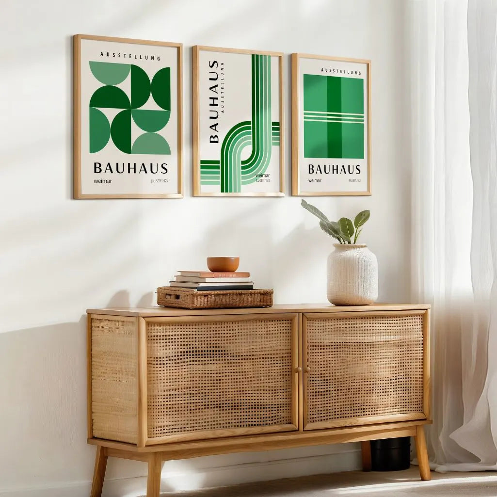 olive green and forest green bauhaus poster set arranged in modern gallery wall