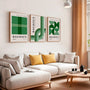 olive green and forest green bauhaus wall art set in modern living room