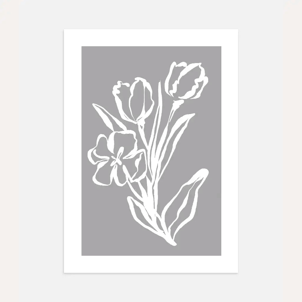 grey floral line art poster white flower minimalist wall art