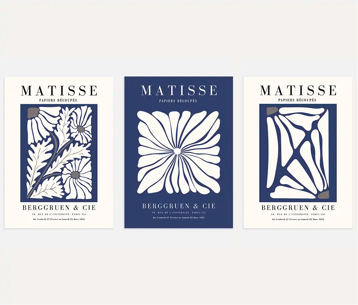 Henri Matisse blue floral poster set of 3 with botanical shapes in navy blue and cream wall art