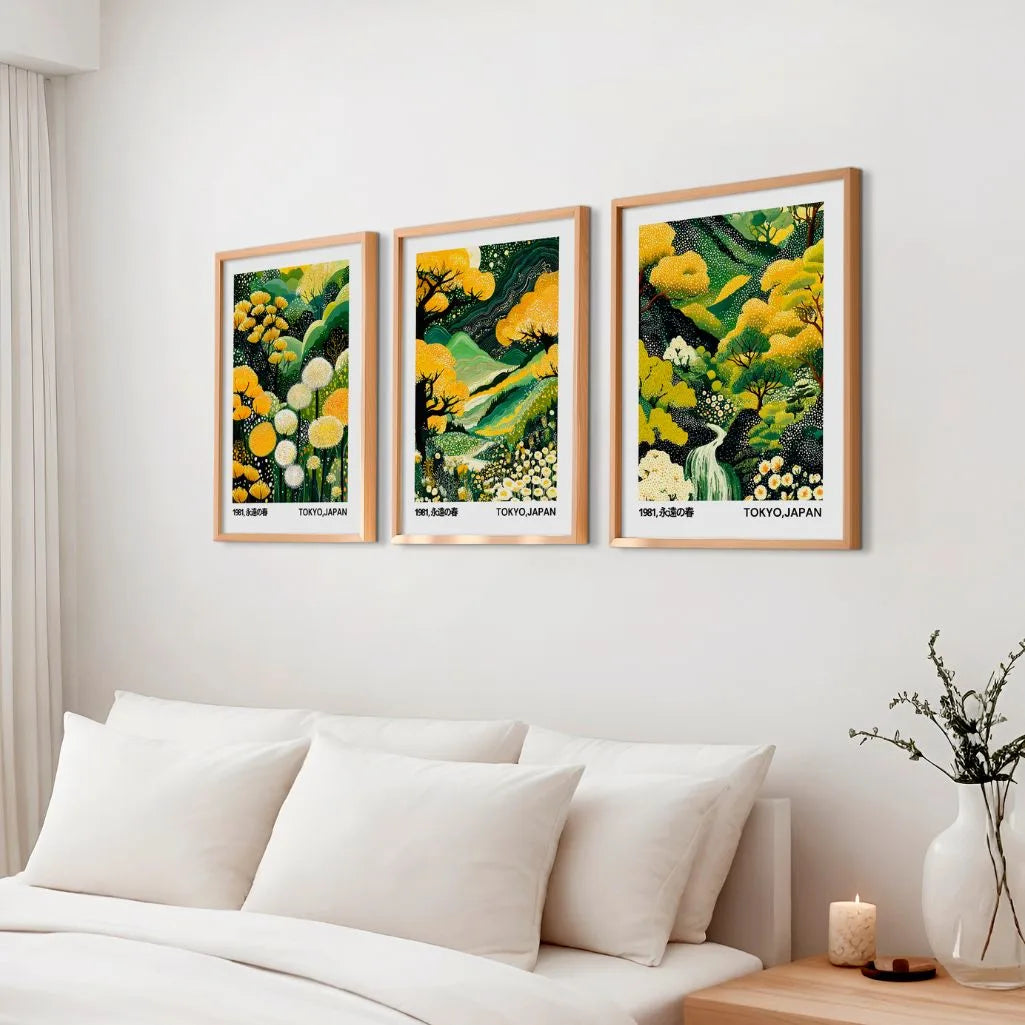 Yellow and green Japanese nature poster set of 3 in modern living room, floral landscape wall decor above sofa