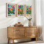 Soft colorful Kusama style floral poster set in bedroom, calming botanical wall art with pink and turquoise tones