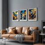 Calm blue and orange moonlight forest poster set inspired by Kusama style in bedroom, atmospheric wall art decor