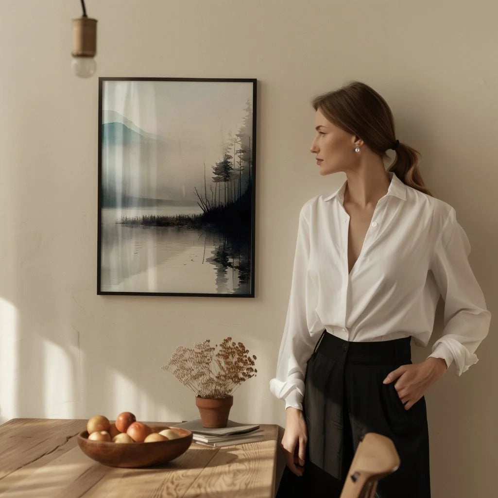 Close up of watercolor lake poster showing soft reflections and smooth transitions