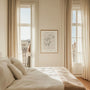 Floral line art poster styled in minimalist bedroom with neutral decor