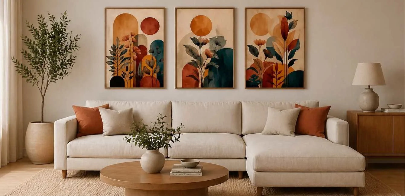 modern living room with framed posters and canvas wall art above sofa warm minimalist interior wall decor transformation